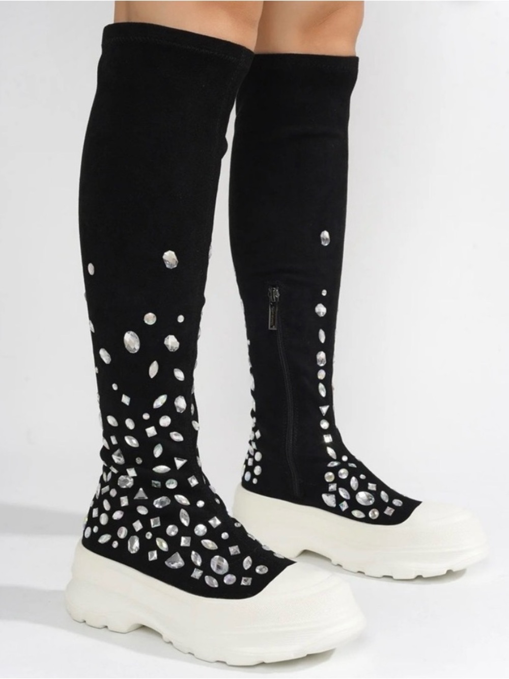 Cape Robbin Black Knee-High Platform Boots with White Soles and Silver Studs